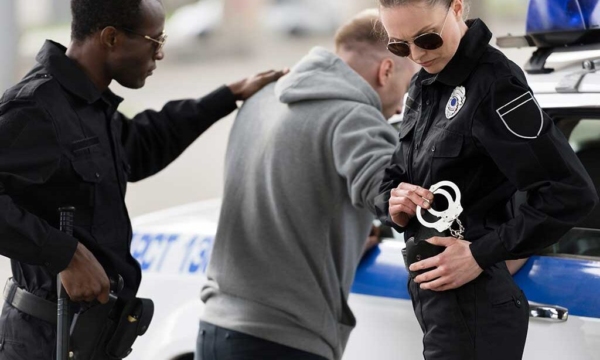 Police officers arresting a driver at a DUI traffic stop
